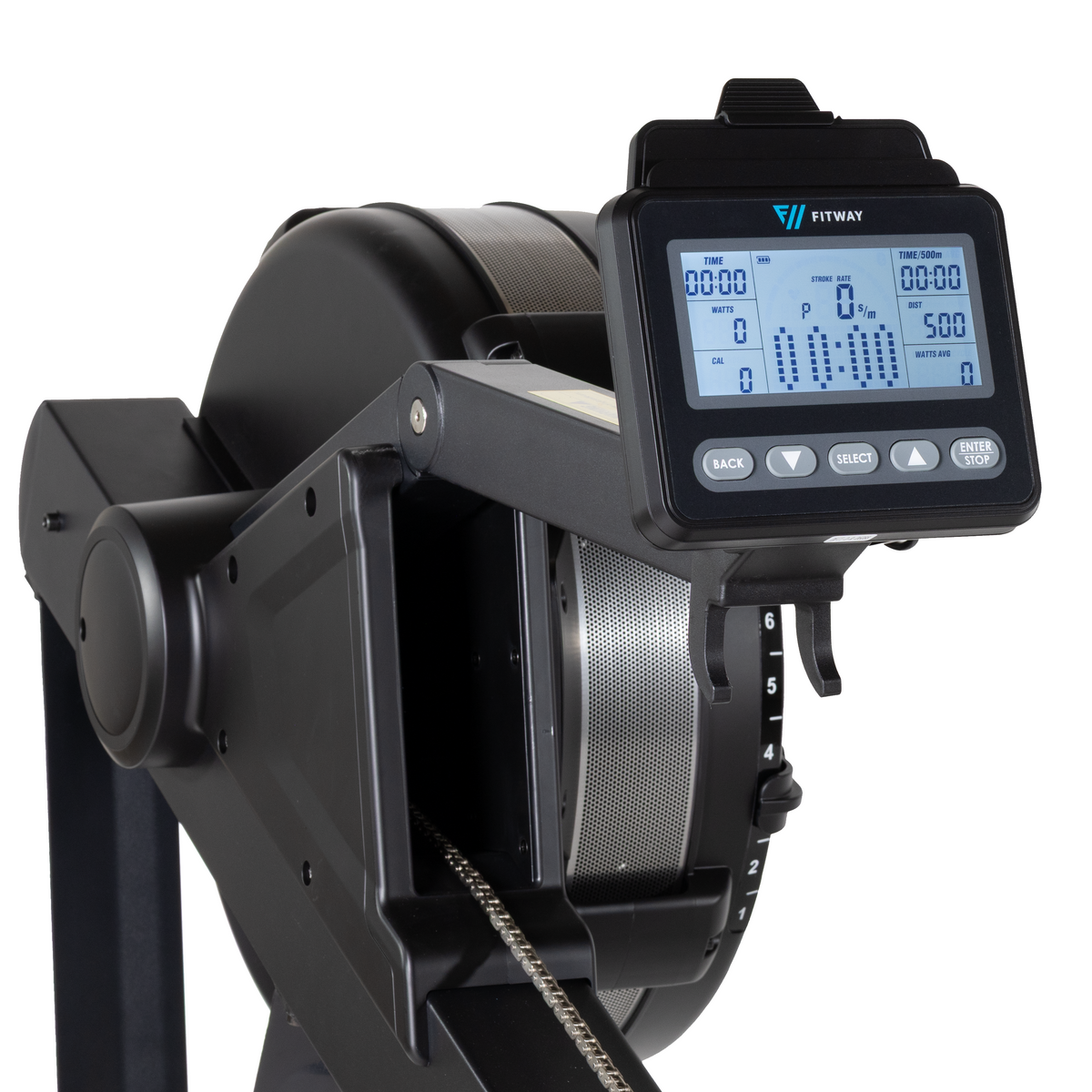 Rowing machine with digital display on a white background