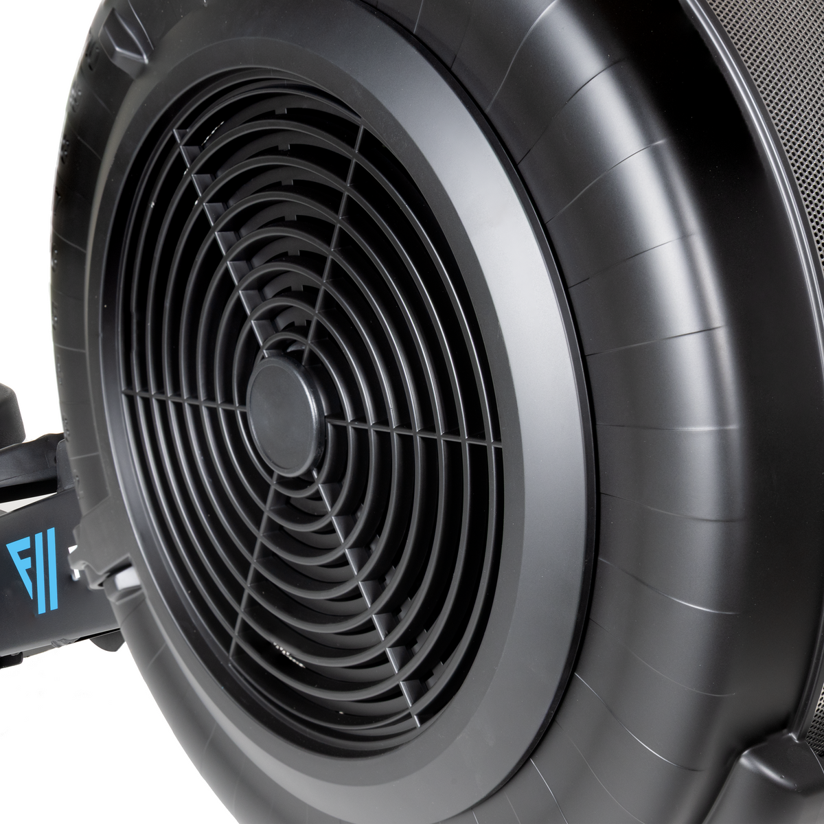 Close-up of a black speaker with a brand logo on a white background