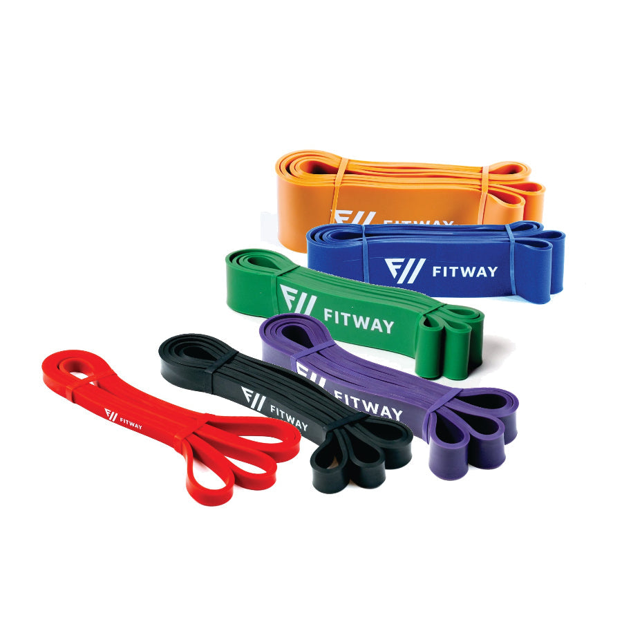 Set of resistance bands in various colors with 'FITWAY' branding on a white background