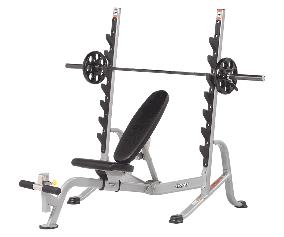 Hoist Fitness HF-5170 7 Position FID Olympic Bench view with optional bar and weight plates | Fitness Experience