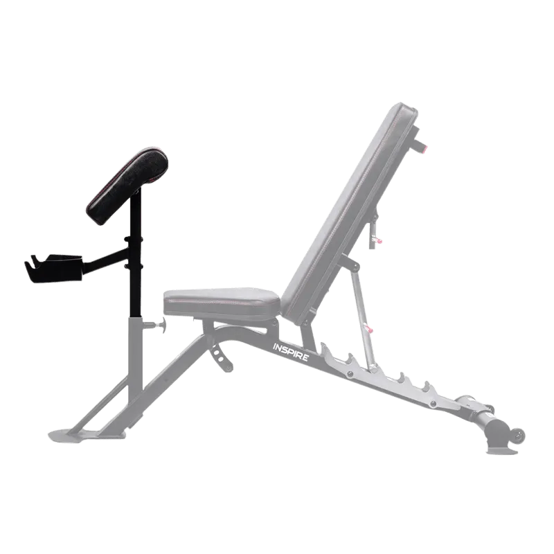Inspire Fitness Preacher Curl Attachment view attached to bench | Fitness Experience