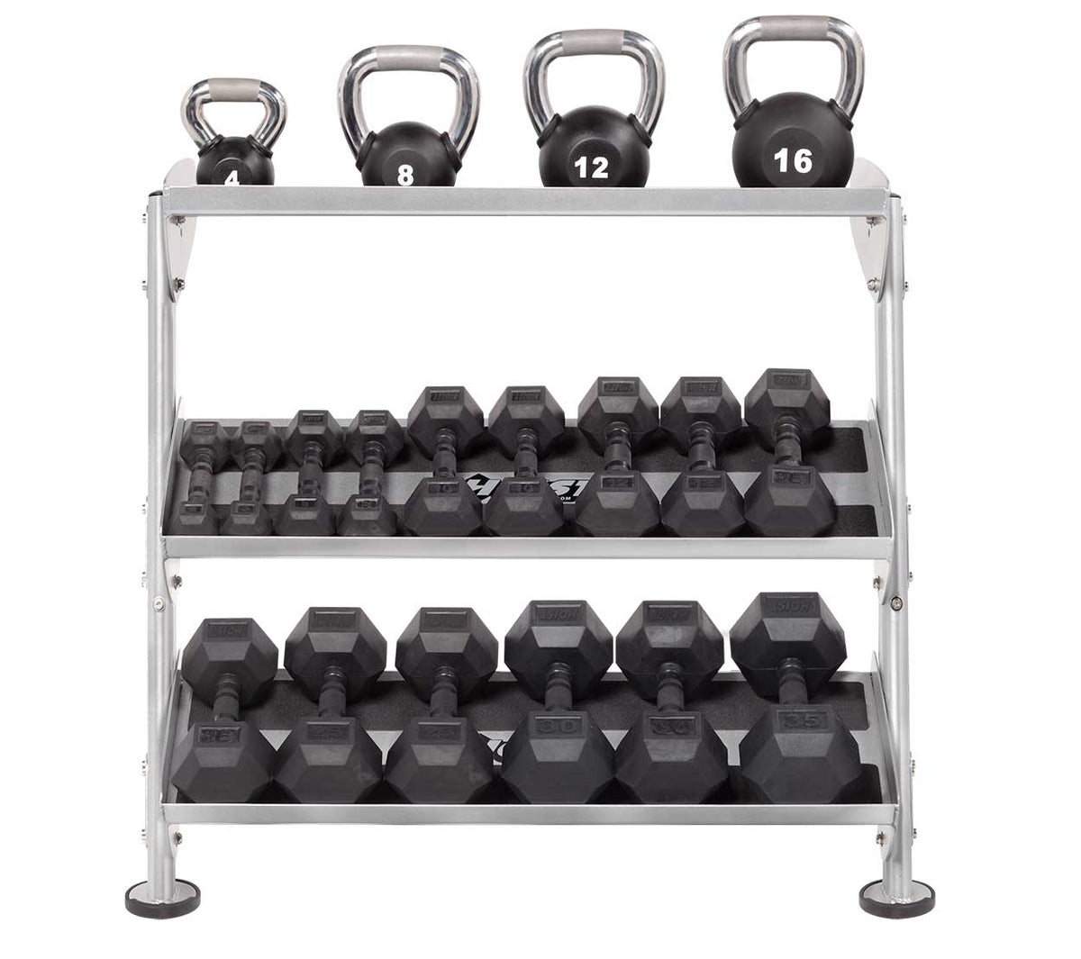 Hoist Fitness HF-5461 36" Dumbbell Rack with Opt (3rd Tier) with hex dumbbells and kettle bells | Fitness Exprience