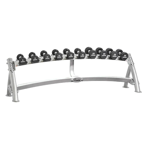 Hoist Fitness CF-3461-1 1-Tier Horizontal Dumbbell Rack view with dumbbells | Fitness Experience