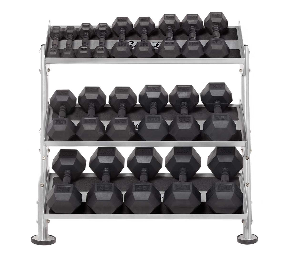 Hoist Fitness HF-5461 36" Dumbbell Rack with Opt (3rd Tier) view with hex dumbbells | Fitness Exprience