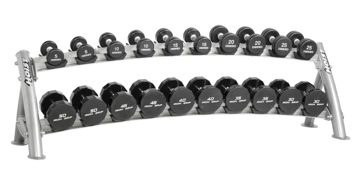 Hoist Fitness CF-3461-2 2-Tier Horizontal Dumbbell Rack view with dumbbells | Fitness Experience