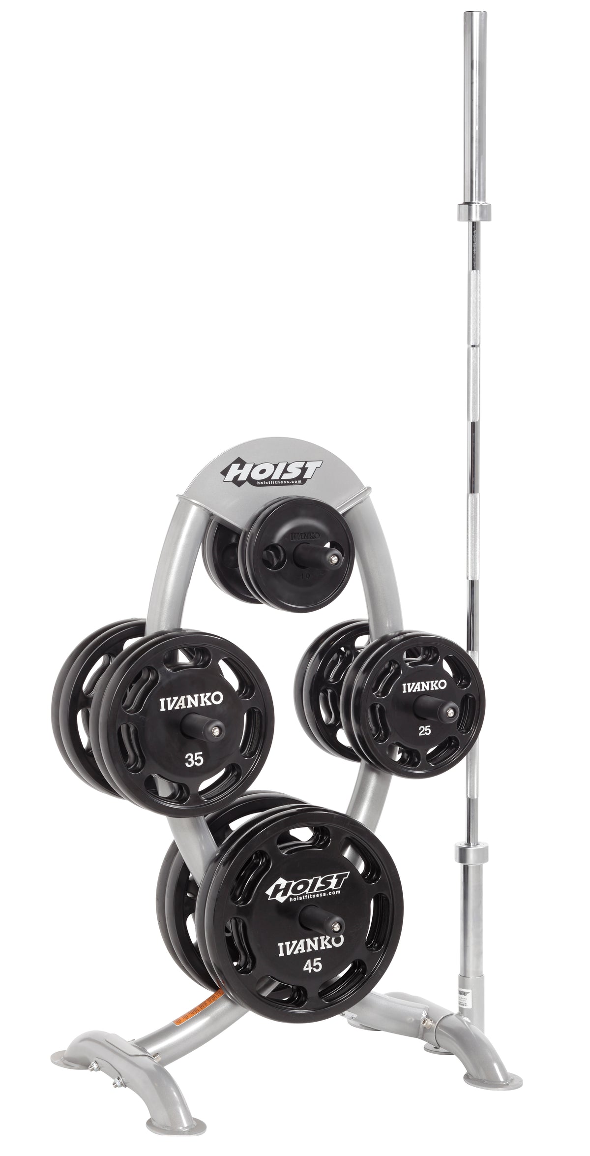 Hoist Fitness CF-3443 Olympic Plate Tree view with weight plates | Fitness Experience
