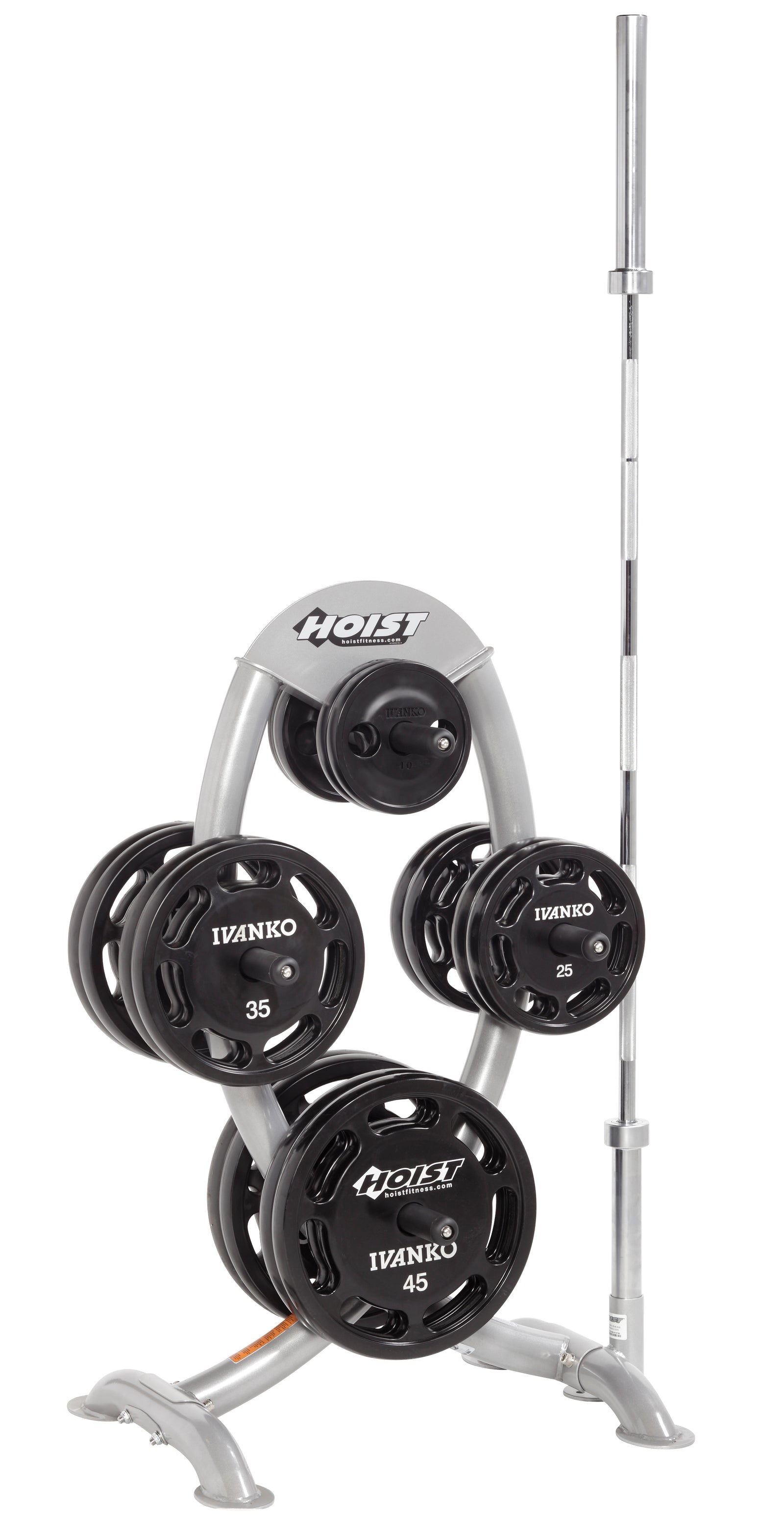 Hoist Fitness CF-3443 Olympic Plate Tree view with weight plates | Fitness Experience