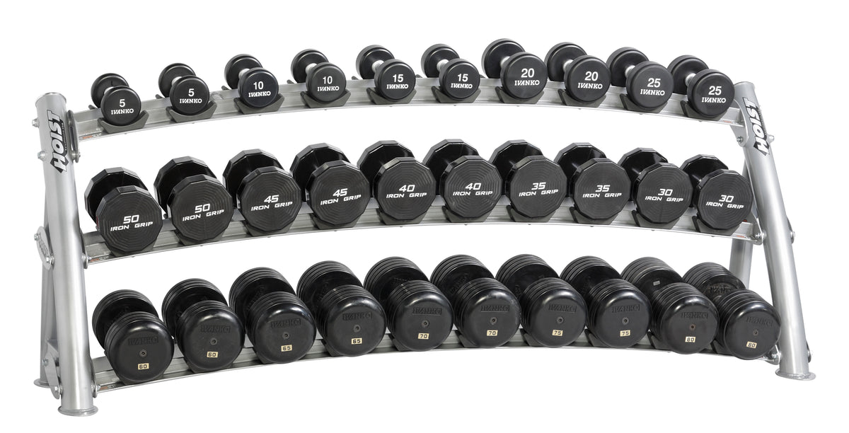 Hoist Fitness CF-3461-3 3-Tier Horizontal Dumbbell Rack view with dumbbells | Fitness Experience