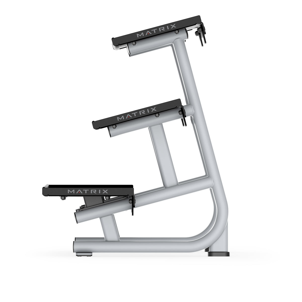 Matrix Fitness Magnum 3-Tier Flat-Tray Dumbbell Rack Short side view | Fitness Experience