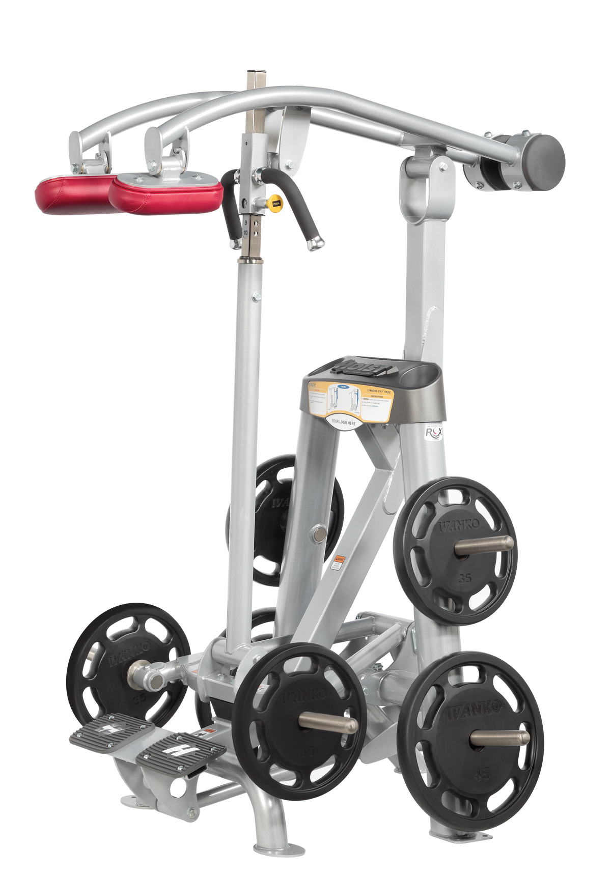 Hoist Fitness RPL-5405 Standing Calf Raise with red upholstery | Fitness Experience
