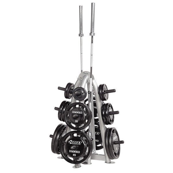 Hoist Fitness CF-3444 4-Sided Olympic Plate Tree view with weight plates and olympic bars | Fitness Experience