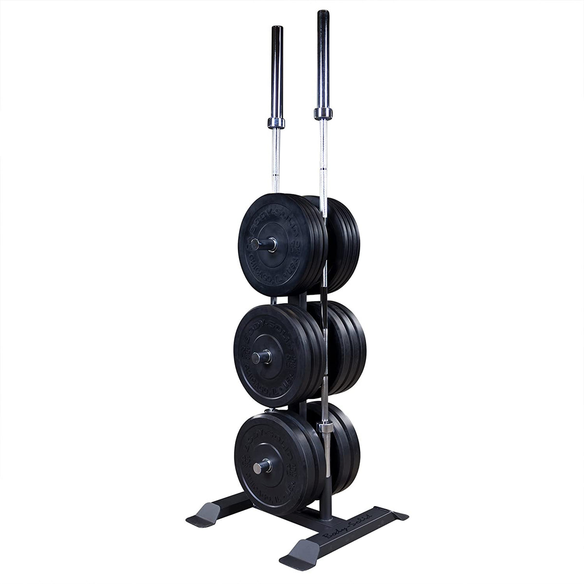 Body-Solid GWT56 Vertical Weight Tree with Bar Holder view with plates and bars | Fitness Experience