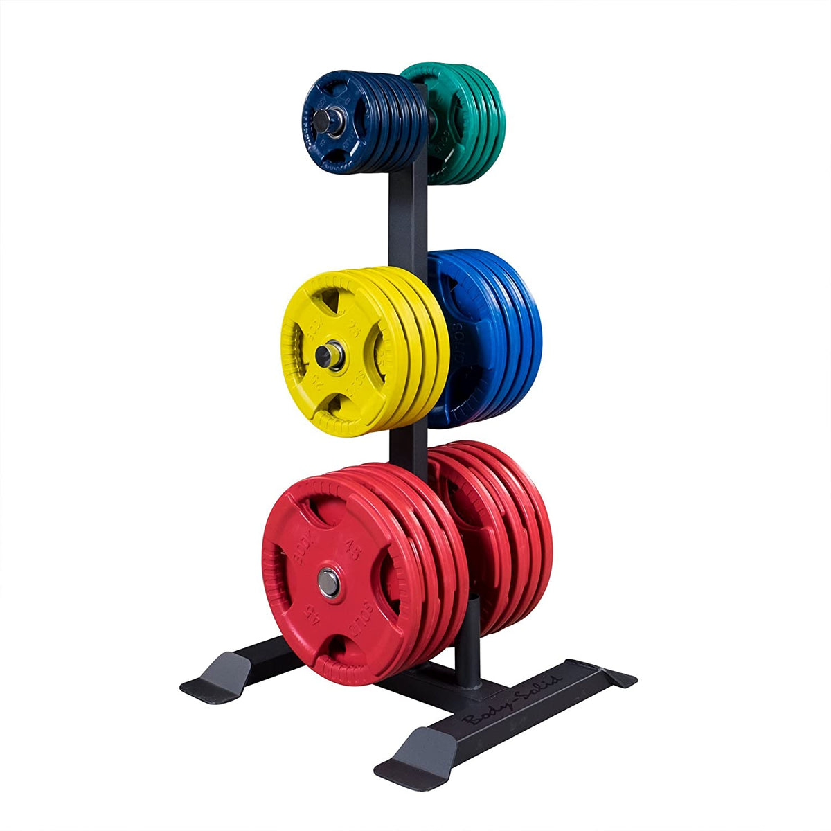 Body-Solid GWT56 Vertical Weight Tree with Bar Holder view with weight plates | Fitness Experience